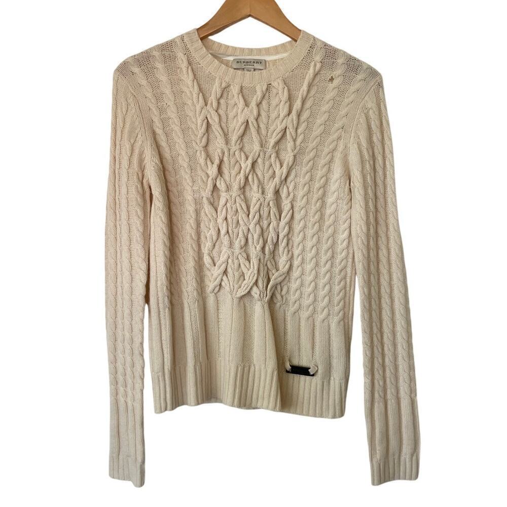 Burberry Women's Cream Wool Cashmere Blend Cable Knit Sweater • Size M ⬇️